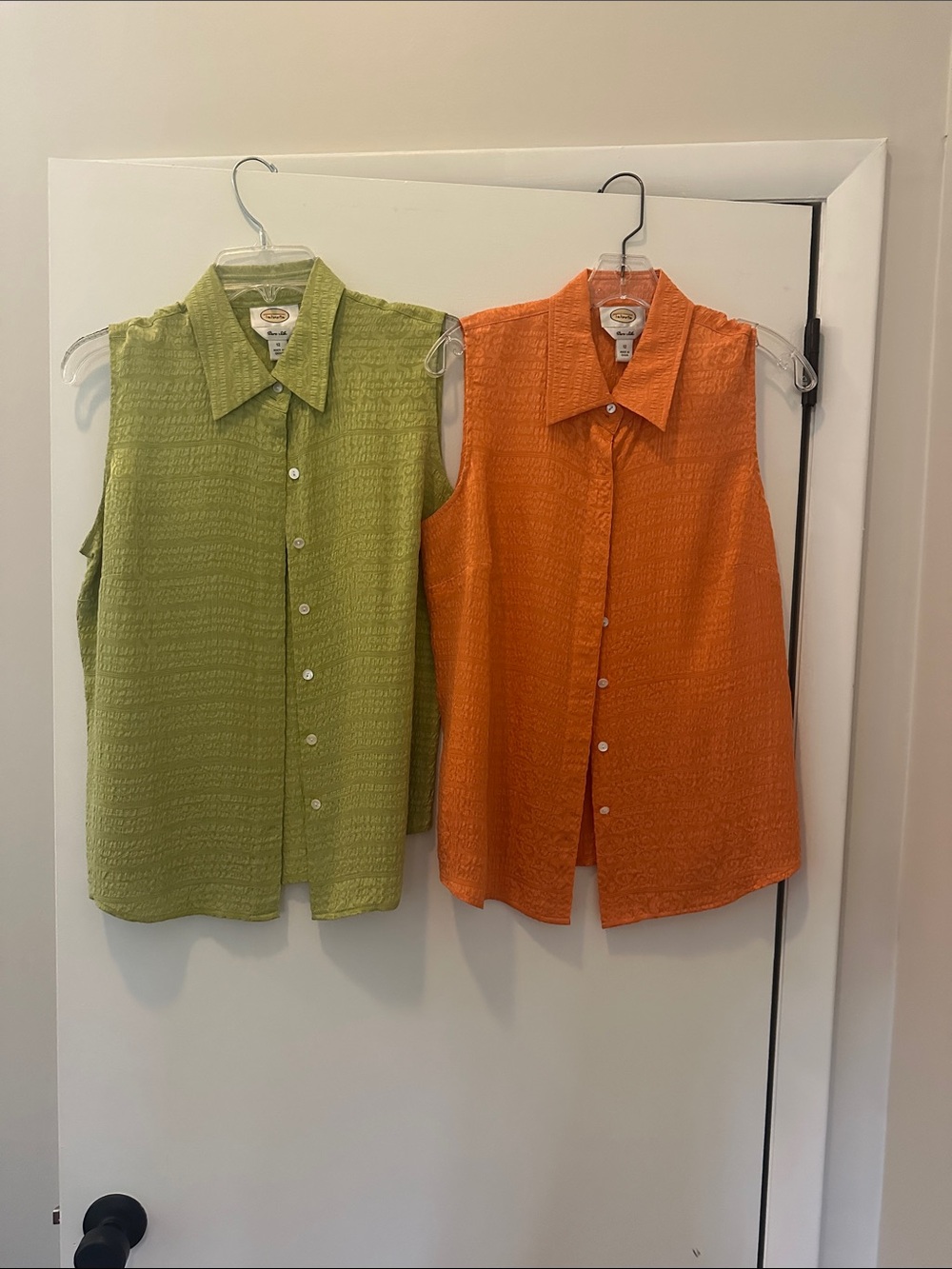 Talbots Pure Silk Lime Green and Bright Orange Sleeveless Button-Down Tops